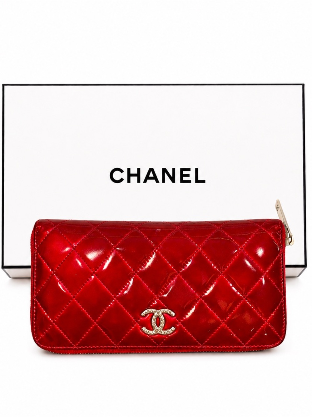 CHANEL Classic Red Quilted Patent Leather ‘Brilliant’ Zippy Long Wallet W/ Box